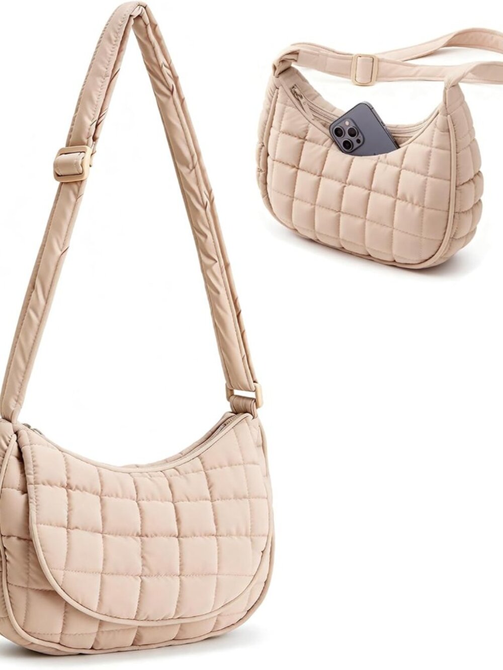 Small Puffer Shoulder Bag for Women, Quilted Crescent Cross Body Purses, Lightwe